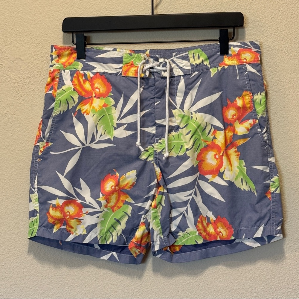 Vince Men's Swim Trunks with Floral Print - Blue, Orange, Green Size 30